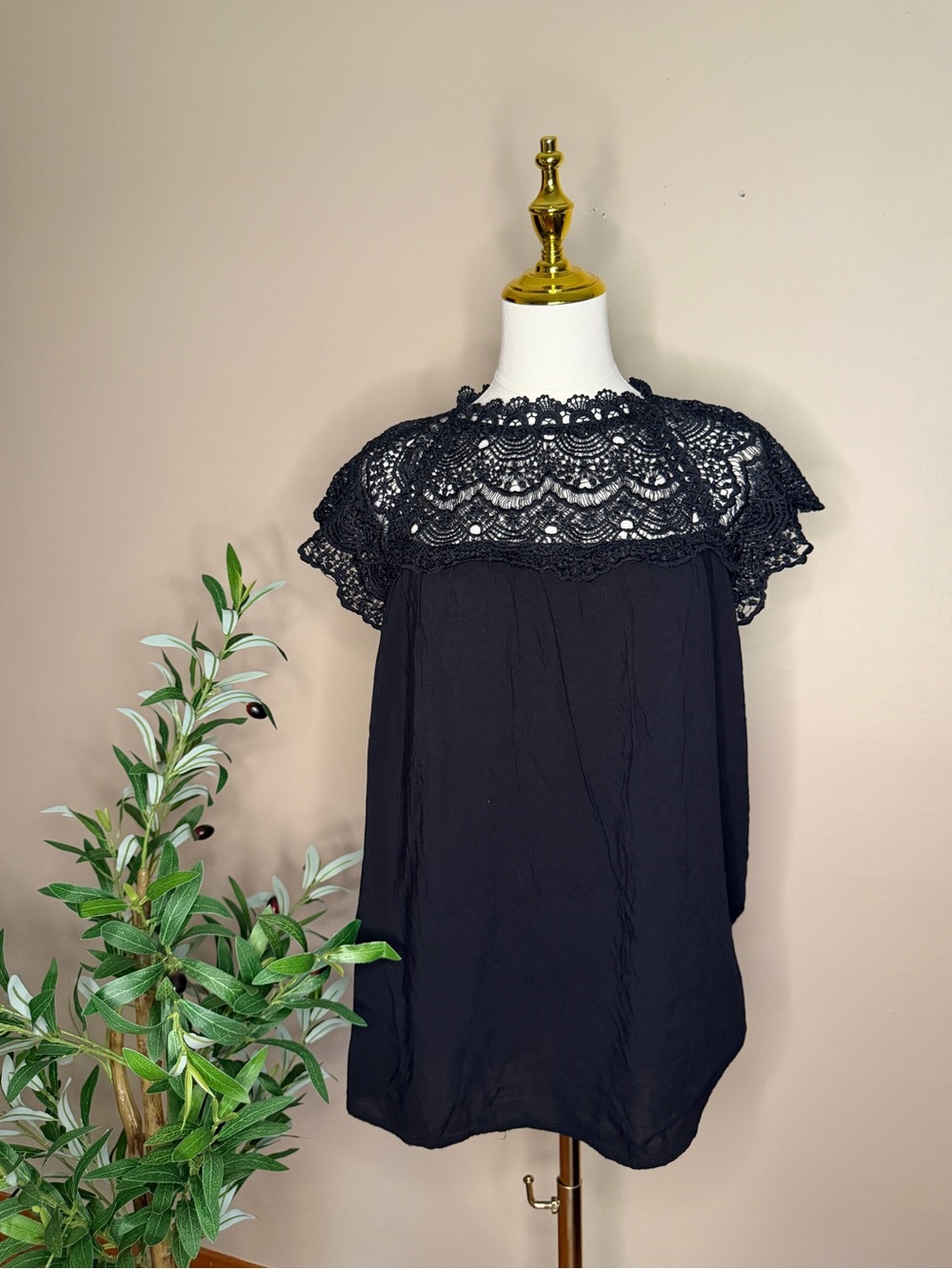 422. Black Lace Yoke Flutter Sleeve Top - Women - Picture 2 of 3